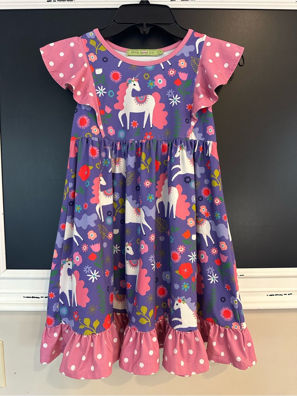 Girls Purple Unicorn Floral Ruffle Dress by Millie Loves Lily.